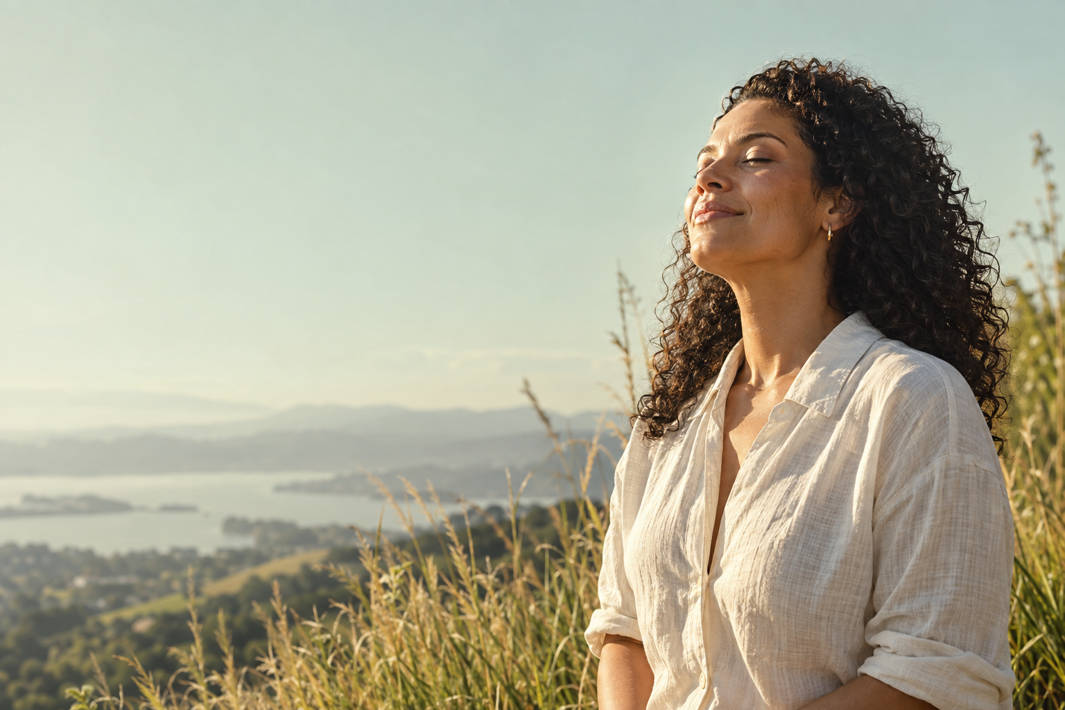 Mulher em uma pausa tranquila ao ar livre, sob a luz do sol.
